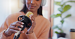 Hands, woman or microphone in home for podcast, content creation or ready for follower interaction. Influencer, tech or headphones in studio for audio recording, opinion platform or live streaming