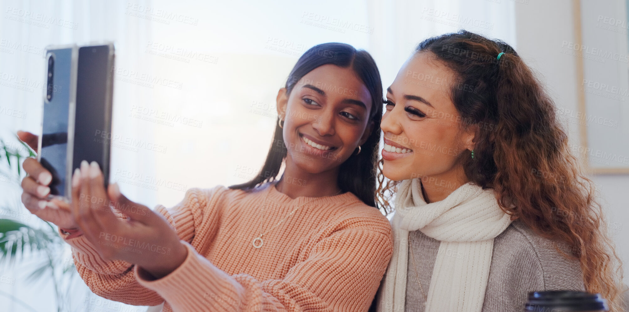 Buy stock photo Selfie, friends and women with smile, home and bonding in living room, content creator and post. House, photography and memory for influencer, happy and profile picture in lounge and together