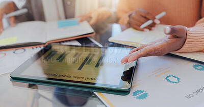 Buy stock photo Business, people and hands with graph on tablet screen for annual sales target results and kpi performance. Marketing finance, woman and digital app for company statistics, data analysis and review