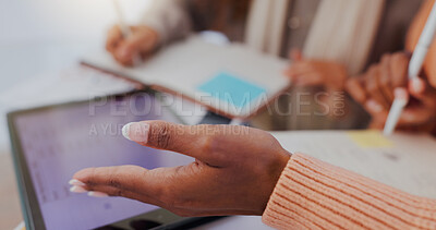 Buy stock photo Business, woman and hands with discussion in office for annual sales target results or kpi performance. Marketing finance, people or collaboration for company growth, data analysis or feedback review