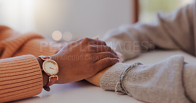 Buy stock photo Home, holding hands and women with comfort, help and compassion in living room. Closeup, people and friends with grief, loss and sad with love, unity and trust with empathy, sympathy and support