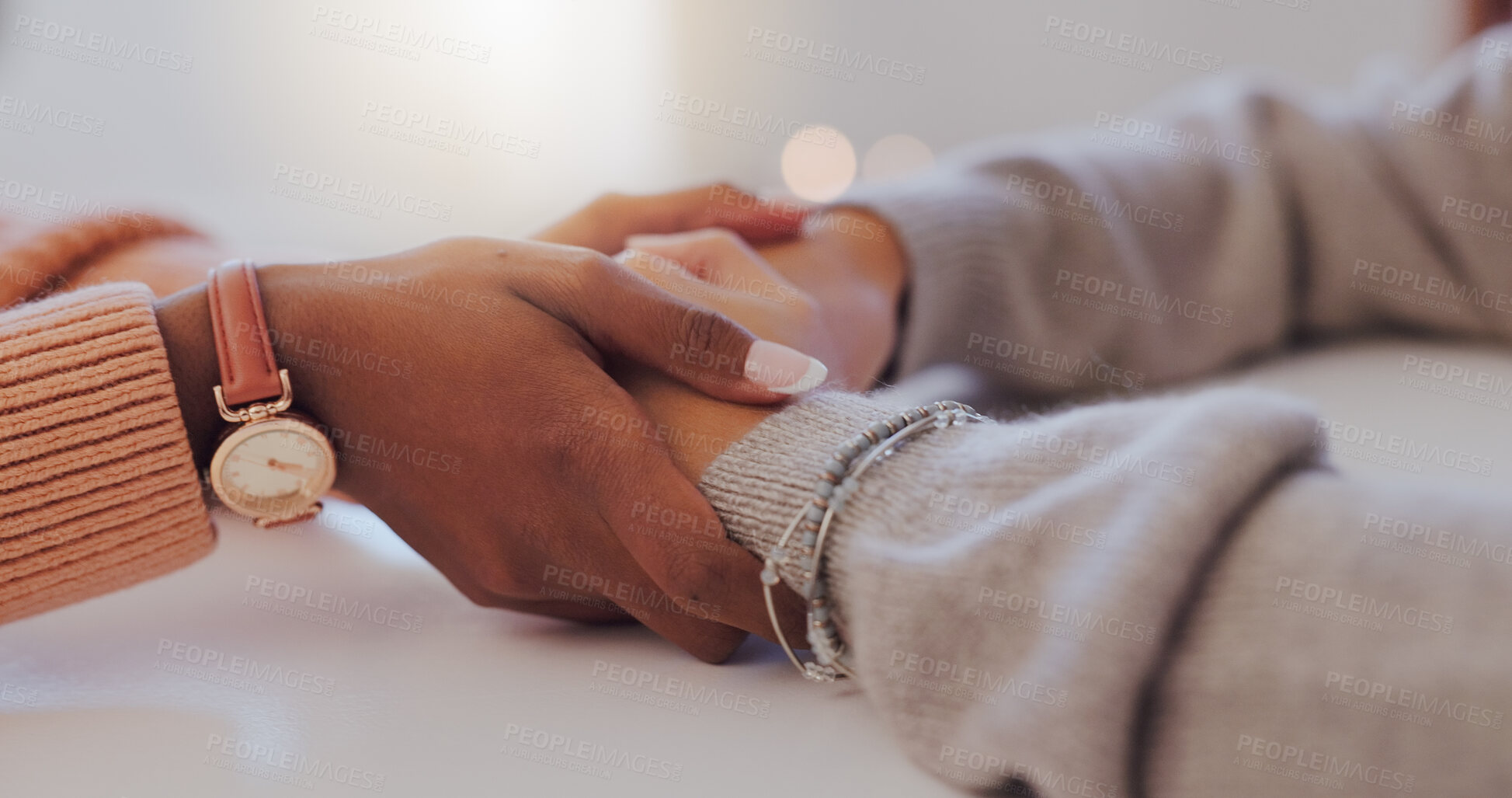 Buy stock photo Home, holding hands and women with comfort, support and compassion in living room. Closeup, people and friends with grief, loss and sad with love, unity and trust with empathy, sympathy and help