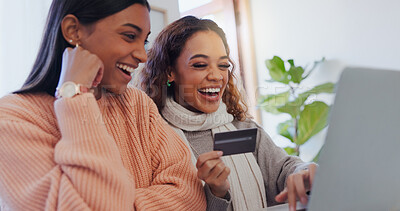 Buy stock photo Talking, online shopping and friends with card, home and bonding in living room, laughing and discount. Ecommerce, women and payment with credit, digital and choice of purchase, laptop and lounge