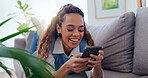 Woman, sofa and phone with scroll in home for social media browsing, reading ebook or smile for text message. Girl, person or laughing with smartphone on couch for relax or funny comment on blog post