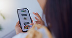 Hands, woman and phone screen with online shopping for food on website, lunch order and ecommerce menu. Back, girl and scroll on mobile for restaurant app, reading product and healthy choice at house