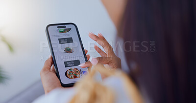 Buy stock photo Hands, woman and phone screen with online shopping for food on website, lunch order and ecommerce menu. Back, girl and scroll on mobile for restaurant app, reading product and healthy choice at house