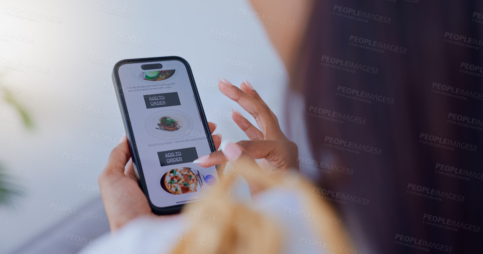 Buy stock photo Hands, woman and phone screen with online shopping for food on website, lunch order and ecommerce menu. Back, girl and scroll on mobile for restaurant app, reading product and healthy choice at house