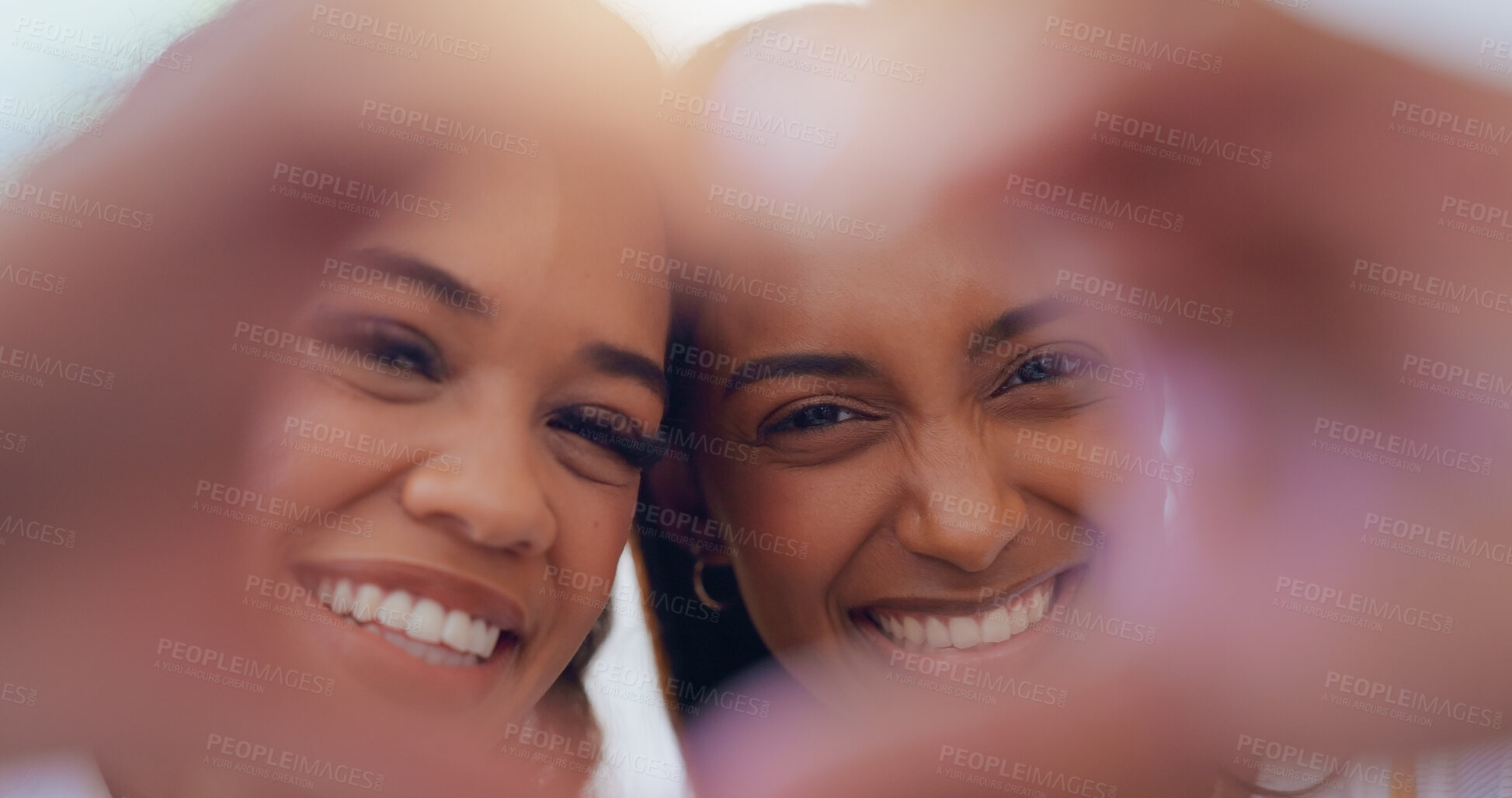 Buy stock photo Portrait, lesbian and couple with heart hands for love sign, lgbtq support and relationship commitment. Smile, gay people and pride emoji for marriage, partner loyalty and bonding together at house