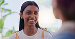 Conversation, face and smile with woman friends in living room of home together for visit. Happy, laughing and talking with funny people in apartment for relationship bonding, reunion or support