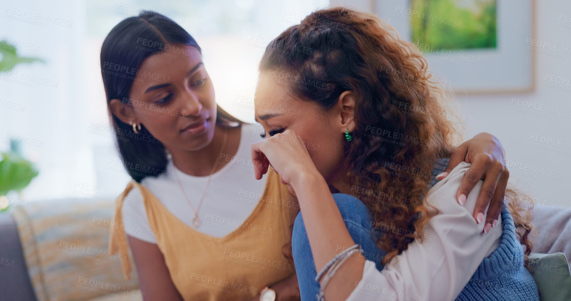 Buy stock photo Women, friends and crying for consoling on sofa of breakup depression, relationship stress and empathy support. People, sad and embrace with communication fail, cheating sympathy and advice at house