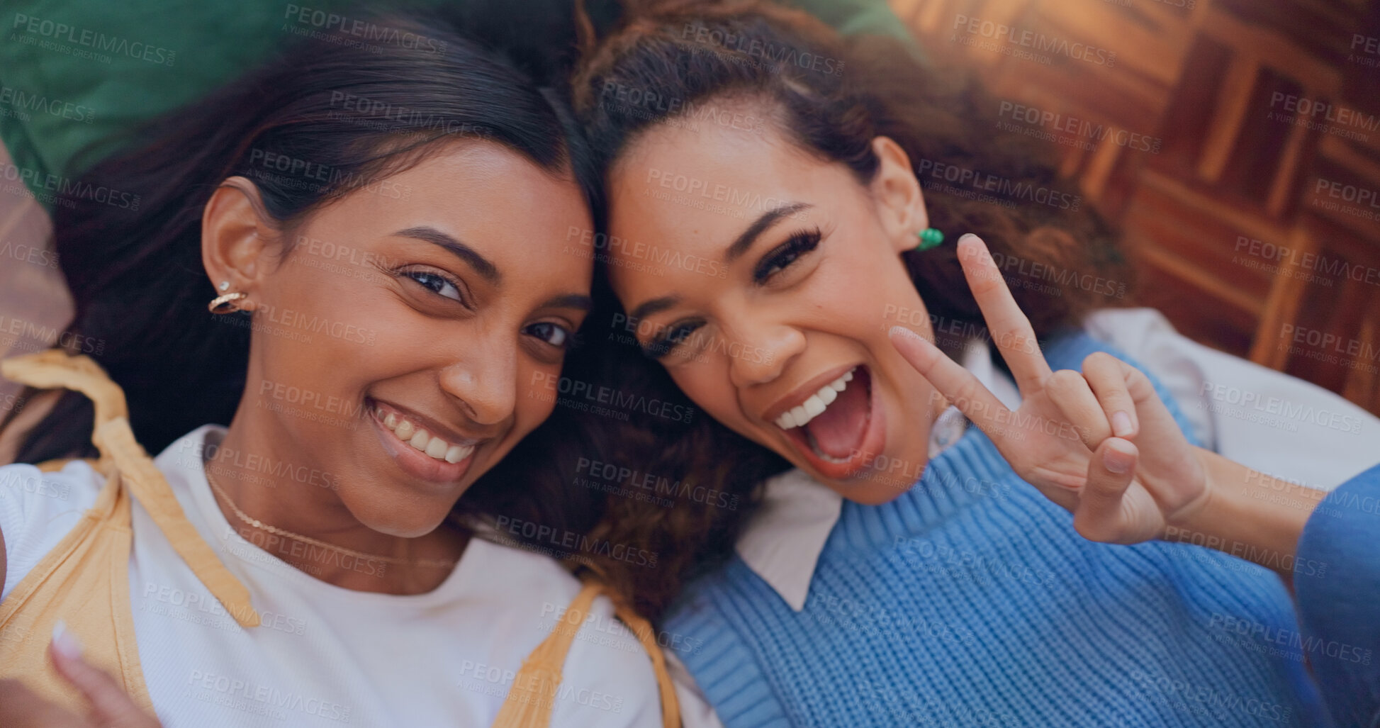 Buy stock photo Peace sign, selfie and smile with couple of friends on floor of home living room from above for social media. Hand gesture, portrait and photograph with happy people in apartment for profile picture