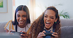 Fun, gaming and friends in living room, laughing and bonding with challenge and remote controller. Lounge, playing and women on couch, gamer and competition for entertainment, together and house