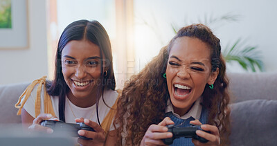 Buy stock photo Fun, gaming and friends in living room, laughing and bonding with challenge and remote controller. Lounge, playing and women on couch, gamer and competition for entertainment, together and house