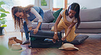 Packing, smile and suitcase with lesbian couple in living room of home, getting ready for holiday or vacation. Love, luggage and travel with LGBT women in apartment together for break or trip