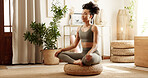 Home, yoga and woman with exercise, meditation and peace with chakra, spiritual routine and calm. Apartment, healthy person and girl with balance, lotus or posture with fitness and wellness in lounge