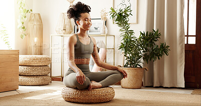 Buy stock photo Home, yoga and woman with meditation, wellness and peace with chakra, spiritual routine or calm. Apartment, healthy person or girl with break, lotus or posture with exercise or fitness in living room