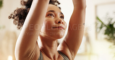 Buy stock photo Yoga, woman and face with stretching in home for holistic wellness, spiritual zen and mindfulness. Yogi, person and pilates in house with workout, exercise and self care for mental health and healing