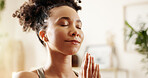 Woman, prayer hands and yoga in home for fitness, peace and ready for session. Female person, meditation and pilates in living room for calm, healthy body and activity to improve cognitive wellbeing