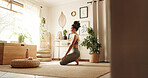 Woman, zen and yoga in home for fitness, peace and ready for session on floor. Female person, meditation and pilates in living room for calm, healthy body and activity to improve cognitive wellbeing