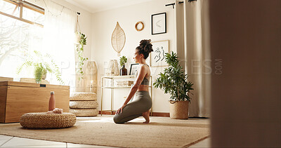 Buy stock photo Woman, zen and yoga in home for fitness, peace and ready for session on floor. Female person, meditation and pilates in living room for calm, healthy body and activity to improve cognitive wellbeing