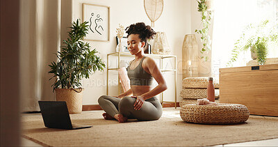 Buy stock photo Woman, yoga and video with laptop on floor in home, health and breathing exercise for online course in morning. Girl, person and happy with computer, pilates or ready for virtual class at apartment