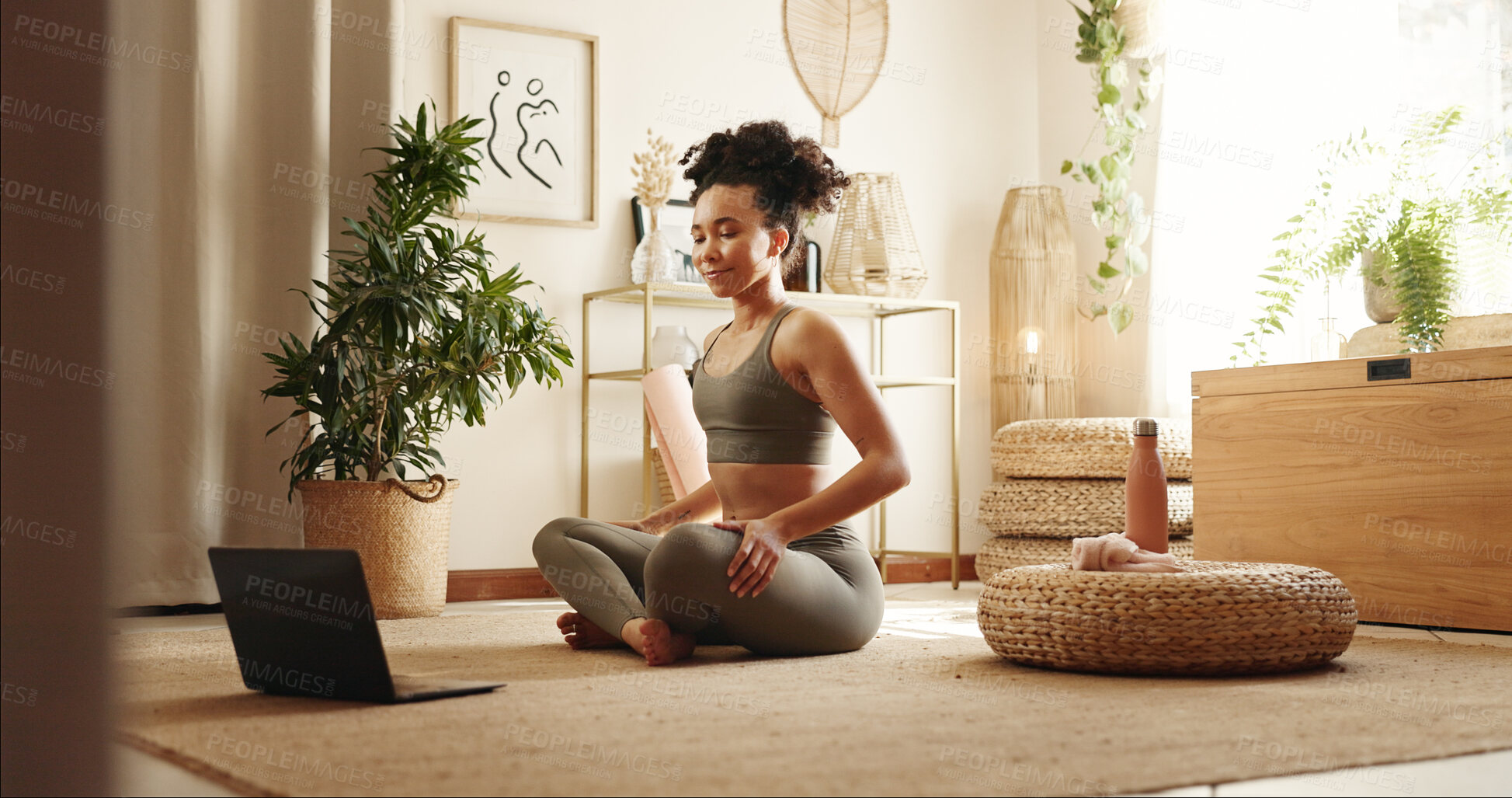 Buy stock photo Woman, yoga and video with laptop on floor in home, health and breathing exercise for online course in morning. Girl, person and happy with computer, pilates or ready for virtual class at apartment