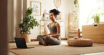 Home, yoga and woman with pc, meditation and peace with chakra, wellness or calm. Apartment, healthy person or girl with laptop, lotus or posture with online class, routine or exercise in living room