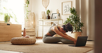 Buy stock photo Woman, yoga and stretching by laptop in house, floor and warm up for health with online course in morning. Girl, person and start by computer, pilates and ready for virtual class on carpet in home