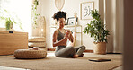 Woman, yoga and water bottle on floor in home with smile, break and rest with hydration in morning. Girl, person and happy with container, drink and ready for pilates class on carpet at apartment