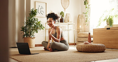 Buy stock photo Woman, yoga and wave with laptop in home with smile, hello and video call for online course in morning. Girl, person and happy with computer, greeting and ready for virtual class on carpet in house