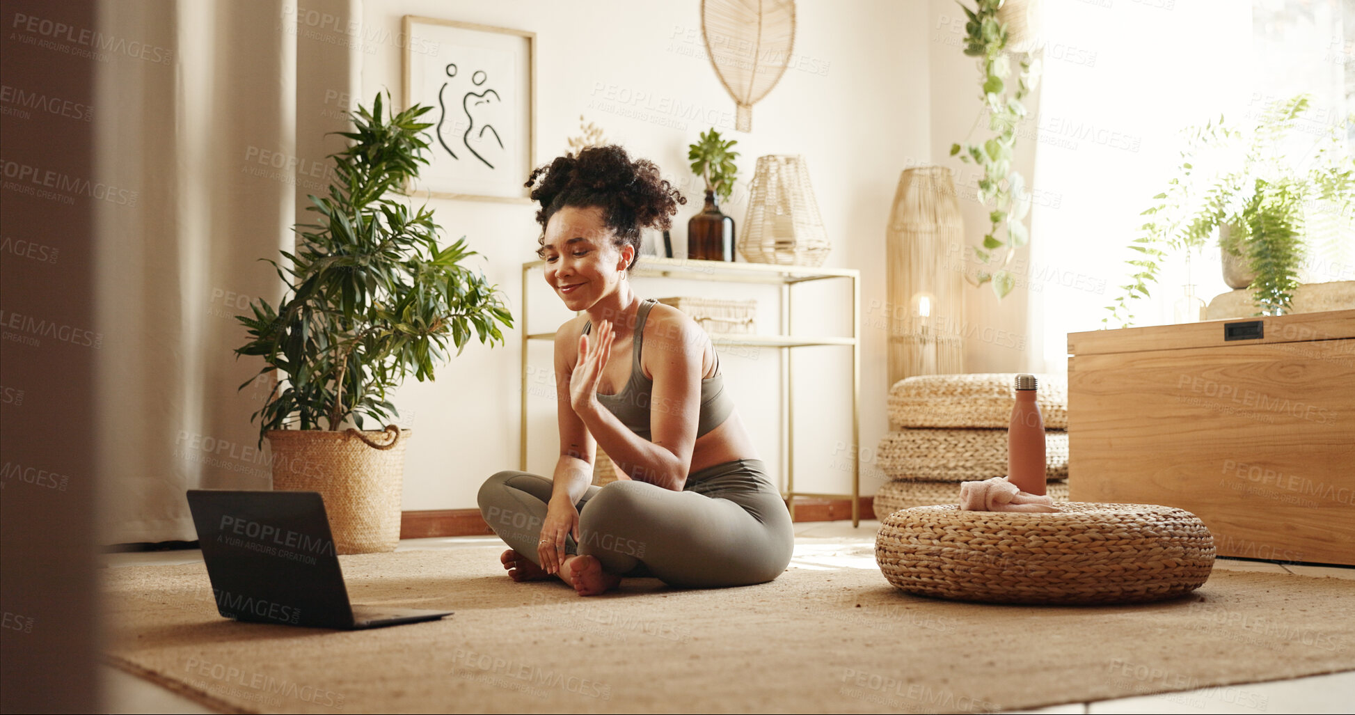 Buy stock photo Woman, yoga and wave with laptop in home with smile, hello and video call for online course in morning. Girl, person and happy with computer, greeting and ready for virtual class on carpet in house