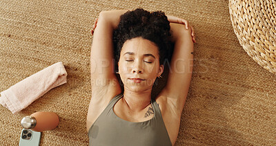 Buy stock photo Rest, thinking and woman on floor, fitness and peace in weekend, calm and wellness with workout. Sleeping, relax and contemplating on ground, above and person in gym, bottle and serious for health