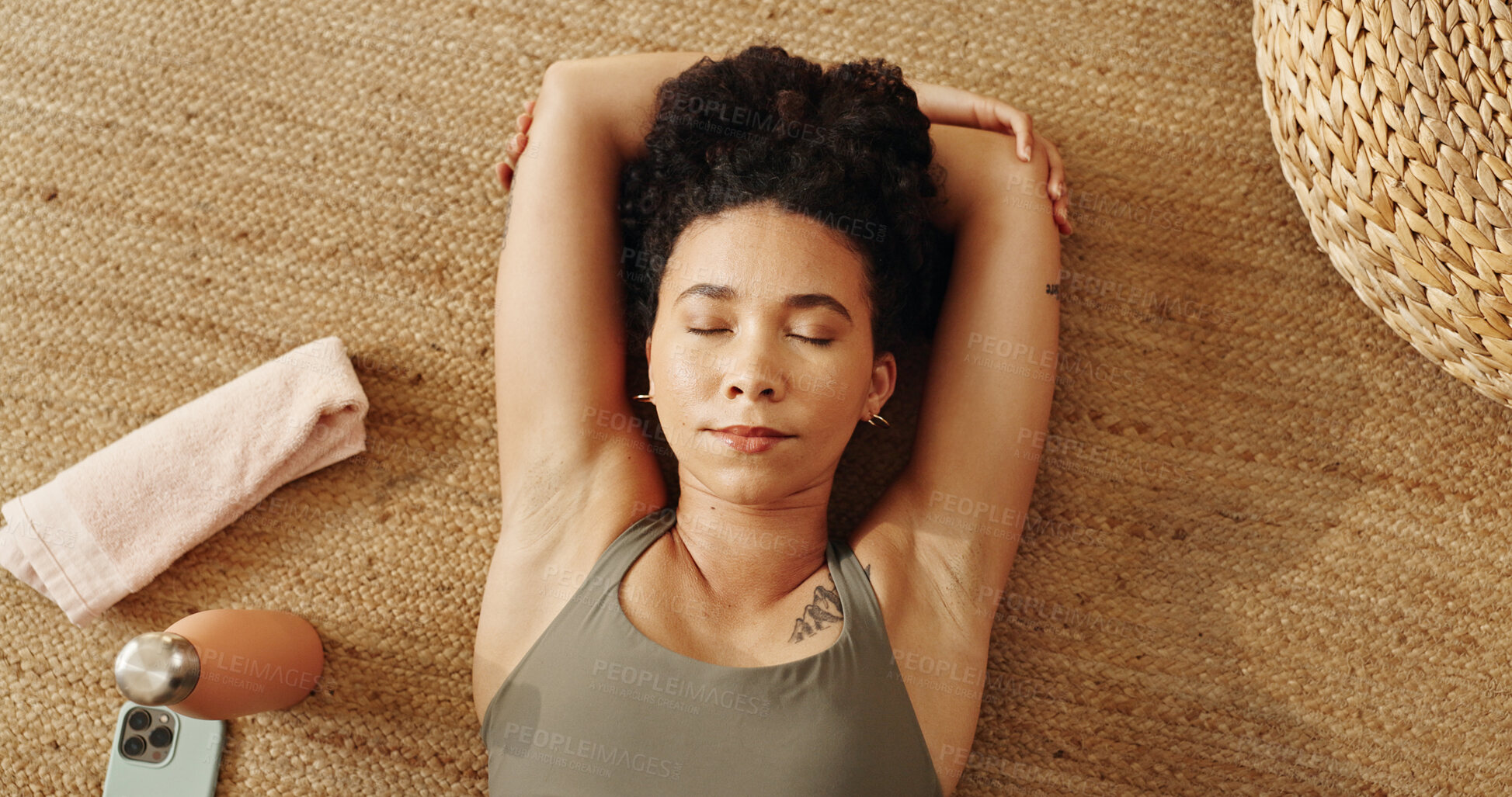 Buy stock photo Rest, thinking and woman on floor, fitness and peace in weekend, calm and wellness with workout. Sleeping, relax and contemplating on ground, above and person in gym, bottle and serious for health