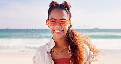 Buy stock photo Travel, sunglasses and portrait of woman at beach for vacation, holiday and weekend in nature. Happy, summer fashion and person by ocean, sea and outdoors for adventure, relax and fun in Brazil