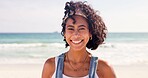 Happy, fashion and portrait of woman at beach for summer vacation, holiday and weekend in nature. Travel, smile and face of person by ocean, sea and outdoors for adventure, relax and fun in Brazil