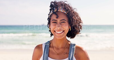 Buy stock photo Happy, fashion and portrait of woman at beach for summer vacation, holiday and weekend in nature. Travel, smile and face of person by ocean, sea and outdoors for adventure, relax and fun in Brazil