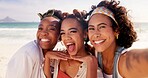 Happy women, portrait and friends with selfie at beach for fun holiday or summer vacation together by sea. Young, group or female person with smile, hug or joy for picture, memory or moment by ocean