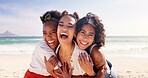 Friends, hug and laughing with women on beach together for holiday, travel or vacation in summer. Funny, love and support with happy people embracing outdoor at ocean or sea for bonding and wellness