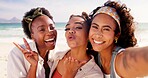 Happy women, portrait and selfie with peace sign at beach for holiday or summer vacation together. Young, group or female person with smile, kiss or hug in joy for picture, memory or moment by ocean