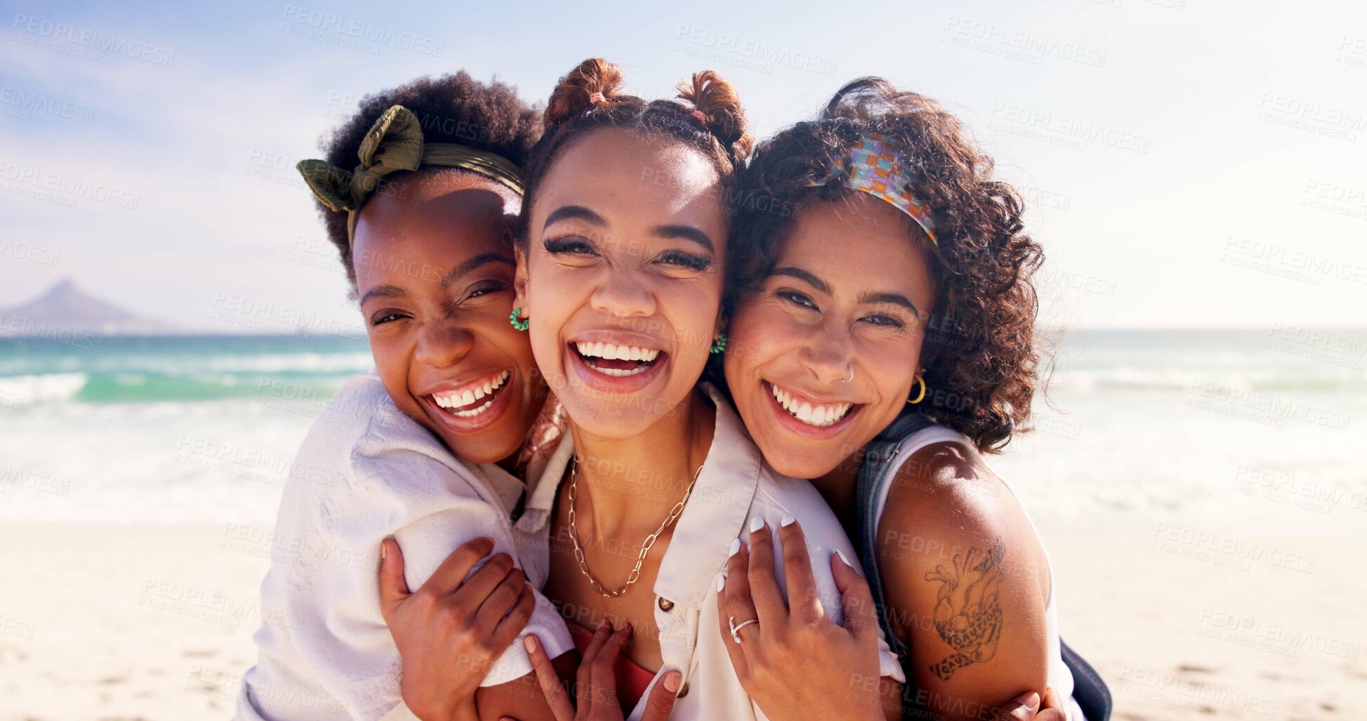 Buy stock photo Friends, hug and portrait with women on beach together for holiday, travel or vacation in summer. Love, smile and trust with face of happy people embracing outdoor at ocean or sea for bonding