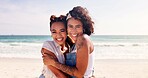 Hug, portrait and smile with women on beach together for holiday, travel or vacation in summer. Love, support and trust with happy friends embracing outdoor at ocean or sea for bonding and wellness