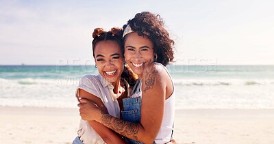 Buy stock photo Hug, portrait and smile with women on beach together for holiday, travel or vacation in summer. Love, support and trust with happy friends embracing outdoor at ocean or sea for bonding and wellness