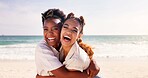 Friends, funny and hug with women on beach together for holiday, travel or vacation in summer. Love, smile or trust with happy people embracing and laughing outdoor at ocean or sea for bonding