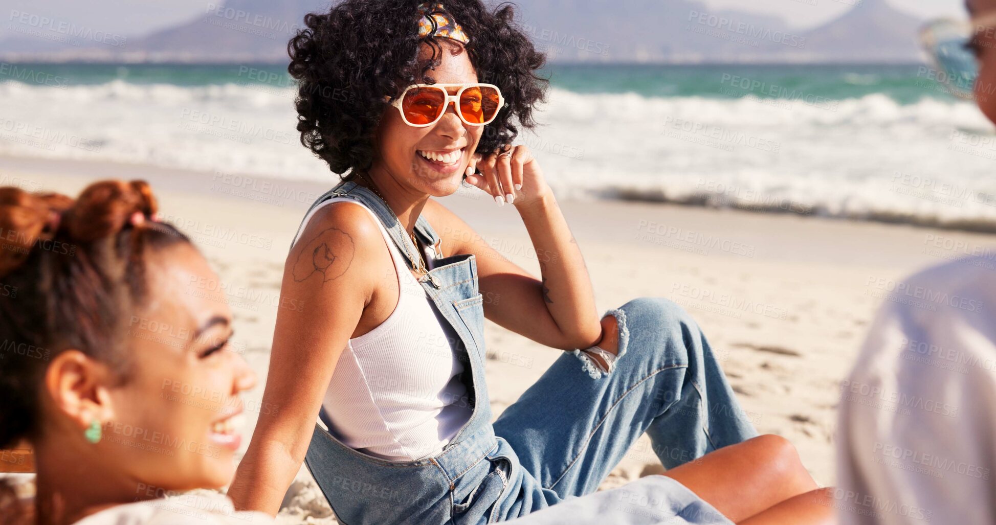 Buy stock photo Friends, travel and laughing or relax on beach with funny conversation, summer holiday and sunglasses. People, group and tropical adventure at ocean for vacation, reunion trip or bonding with talking