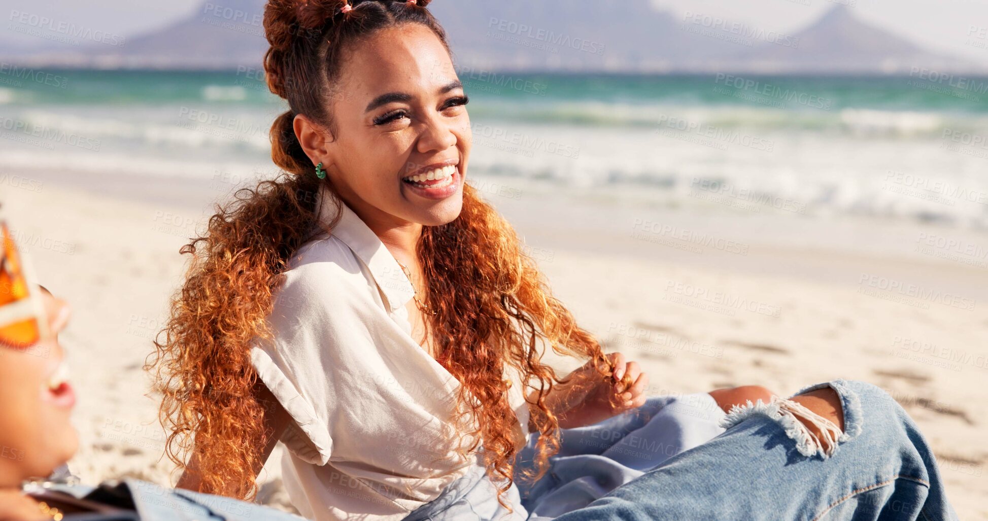 Buy stock photo Happy woman, laughing and beach with friends for funny humor, holiday or weekend together in nature. Young, female person or smile with joy for summer vacation, freedom or relax by ocean coast or sea