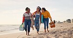 Walking, picnic and girl friends on beach for weekend trip, vacation or travel with bonding together. Happy, adventure and group of young women laughing by ocean for seaside tropical holiday.