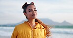 Woman, thinking and ocean for peace, reflection and Brazil location for inspiration in environment. Female person, remember memory and calm breeze on holiday at beach, weekend trip and travel to sea