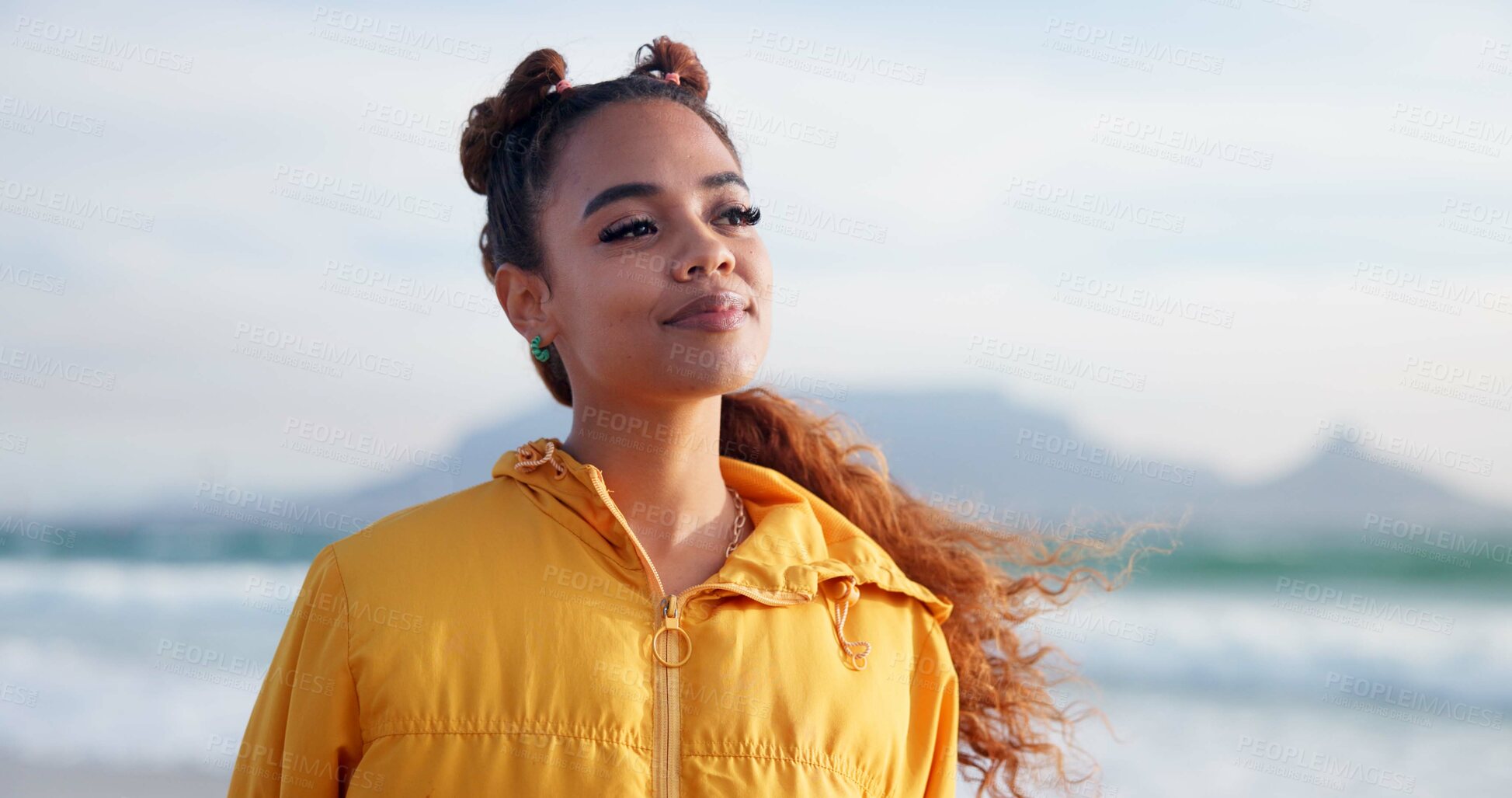 Buy stock photo Woman, thinking and ocean for peace, reflection and Brazil location for inspiration in environment. Female person, remember memory and calm breeze on holiday at beach, weekend trip and travel to sea