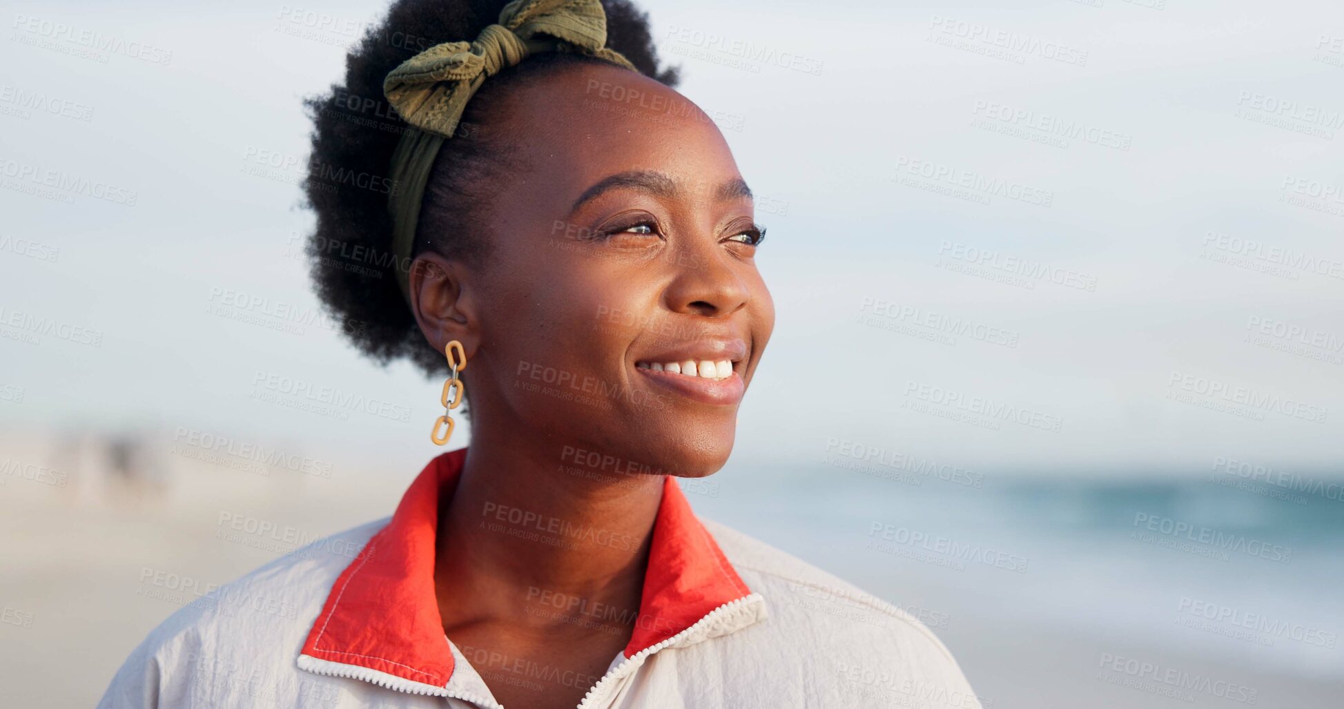 Buy stock photo Black woman, thinking and ocean for peace, holiday and location for inspiration in Nigeria. Female person, memory nostalgia and calm reflection for tourist at beach, weekend trip and travel to sea