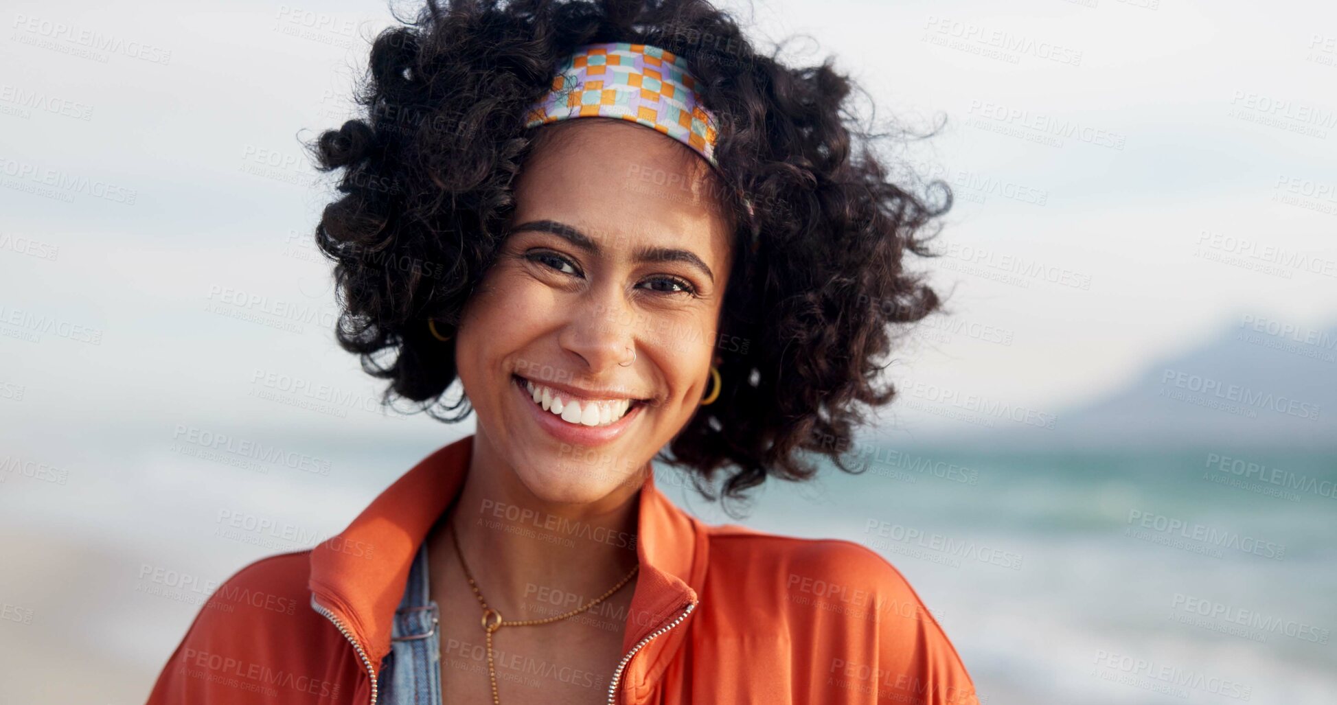 Buy stock photo Happy, relax and portrait of woman at beach for summer vacation, holiday and weekend in nature. Travel, smile and face of person by ocean, sea and outdoors for adventure, wellness and fun in Brazil